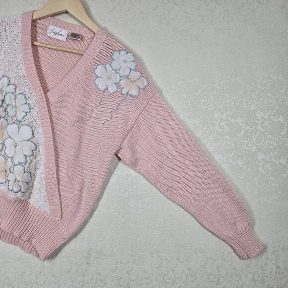 VTG Jaclyn Smith Sweater sz L Pink Embroidered Floral Pearl Embellished Feminine - Picture 9 of 16